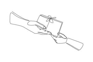 kontinuerlig linjeteckning av hand som håller presentförpackning med band. enda en linje konst av födelsedagsöverraskning och jullåda. vektor illustration