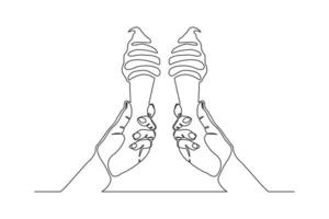 kontinuerlig linjeteckning två hand hålla och hejar läckra färska av glassstrut. enda en rad konst av två hand som håller söt glass gelato öknen. vektor illustration