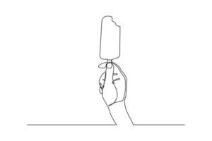 Kontinuierliche Linienzeichnung der Hand, die frische Eiscreme hält. einzelne einzeilige kunst der hand halten köstliche süße und saftige kühle eiscafé-menüs. Vektor-Illustration vektor