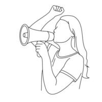 en affärskvinna klädd i kjolar och uniform håller en stor högtalarmegafon som skriker högt och skriker. flicka gör tillkännagivande, nyheter och meddelanden med megafon isolerad på vit bakgrund vektor