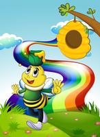 En leende bi bär en kruka honung på kullen med en regnbåge vektor