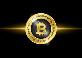 Bitcoin ikon logotyp mall. digital kryptovalutasymbol. gyllene mynt på svart bakgrund. blockchain-teknik. vektor illustration