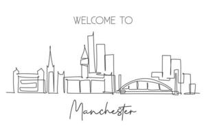 enda kontinuerlig linjeritning av manchester city skyline. berömda staden skyskrapa landskap i världen. världsresor hem vägg dekor affisch print koncept. moderna en rad rita design vektorillustration vektor