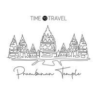 eine einzige strichzeichnung prambanan tempel wahrzeichen. weltberühmter ort in jogja, indonesien. tourismus reise postkarte home wanddekor druckkonzept. moderne durchgehende Linie zeichnen Design-Vektor-Illustration vektor