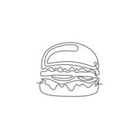 einzelne fortlaufende Linienzeichnung des amerikanischen Burger-Logo-Etiketts. emblem fast-food-sandwich-restaurant-konzept. moderne einzeilige Design-Vektorillustration für Cafés, Geschäfte oder Lebensmittellieferdienste vektor