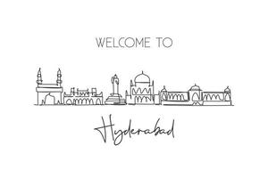 eine durchgehende Linienzeichnung der Skyline von Hyderabad, Indien. schönes Wahrzeichen der Stadt als Wanddekor-Poster. Weltlandschaftstourismus Reiseurlaub. stilvolle einzeilige zeichnen-design-vektorillustration vektor