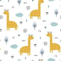 giraff och träd baby sömlösa mönster handritad tecknad söt bakgrund för barn vektor