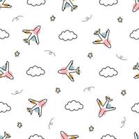 Flugzeug und Wolken im Himmel Baby Musterdesign handgezeichnet niedlichen Cartoon-Hintergrund für Kinder vektor