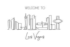 enda kontinuerlig linjeritning av las vegas city skyline, usa. berömda stadsskrapa och landskap. världsresor koncept affisch print konst. redigerbara stroke moderna en rad rita design vektorillustration vektor