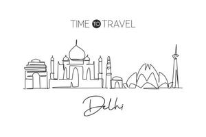 enda kontinuerlig linjeritning av Delhis skyline, Indien. berömda stadsskrapa landskap hem väggdekor konst affischtryck. världsresor koncept. modern en rad rita grafisk design vektorillustration vektor