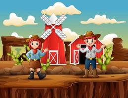 Cowboy und Cowgirl in der westlichen Landschaft des vorderen Bauernhofs vektor