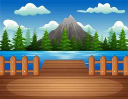 Holzsteg mit Blick auf den See und die Berge vektor