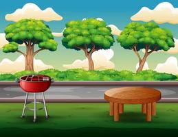 utomhus grillfest bakgrund med grill och bord vektor