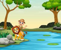 glücklicher Zoowärter und Löwe in der Nähe eines Flusses vektor