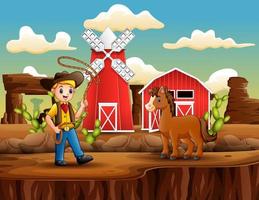 Cartoon-Cowboy mit Pferd und Lasso vektor
