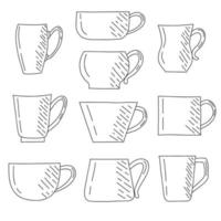 Vektorset von Teetassen. konturierte Tassen für morgendliches Teetrinken. Designelemente auf weißem Hintergrund hervorgehoben. vektor