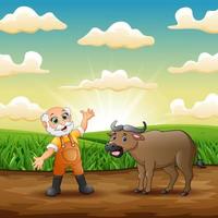 alter Bauer mit seinem Büffel auf der Wiese vektor