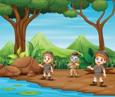 scoutbarnen utforskar skogen vektor