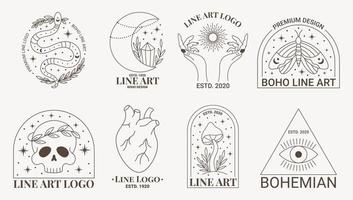 boho mystic doodle esoterisk logotyp set. magisk linjekonstikon med mal, måne, skalle, hand, sol, hjärta, måne vektor