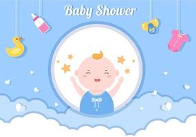 baby shower liten pojke eller flicka med söta designleksaker och tillbehör nyfödda bebisar bakgrundsillustration för inbjudan och gratulationskort vektor