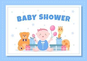 babydusche kleiner junge oder mädchen mit niedlichem design spielzeug und zubehör neugeborene babys hintergrundillustration für einladungs- und grußkarten vektor