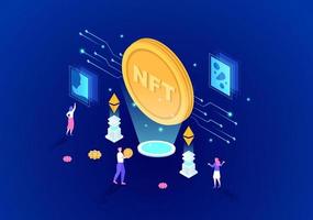 nft nicht fungible Token-Krypto-Kunst der Umwandlung in ein digitales Netzwerk mit Coin-Servern für Banner oder Poster in flacher Hintergrundillustration vektor