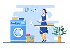 tvätt med tvätt- och torkmaskiner i platt bakgrundsillustration. smutsig trasa som ligger i korgen och kvinnor tvättar kläder för banderoll eller affisch vektor