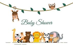 baby shower liten pojke eller flicka med söta djungeldjur design bakgrund vektorillustration lämplig för inbjudan och gratulationskort vektor