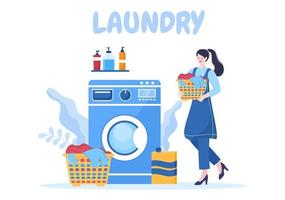 tvätt med tvätt- och torkmaskiner i platt bakgrundsillustration. smutsig trasa som ligger i korgen och kvinnor tvättar kläder för banderoll eller affisch vektor