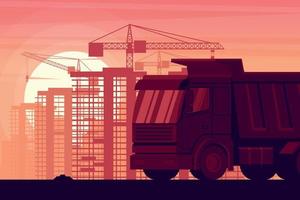 Hintergrund mit Sonnenuntergang und schwere Maschinen mit Muldenkipper über Stadt und im Bau befindliche Gebäude vektor