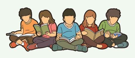 Gruppe von Kindern, die zusammen Bücher lesen vektor