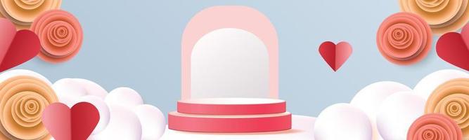 Roter Produkthintergrund des 3d Podiums für valentine.pink und Herzliebesromantik-Konzeptdesignvektorillustrationsdekorationsbanner vektor