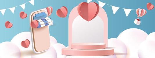 3d podium röd produktbakgrund för valentine. Rosa och hjärta kärlek romantik koncept design vektor illustation dekoration banner