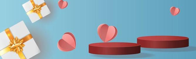 3d podium röd produktbakgrund för valentine. Rosa och hjärta kärlek romantik koncept design vektor illustation dekoration banner