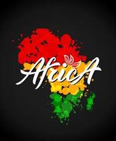 silhouette von afrika, madagaskar jamaikanische farben von aquarellspritzern und text auf schwarzem hintergrund. als vorlage für das logo des unternehmens, t-shirt-druck, banner, poster. Vektor-Illustration. vektor
