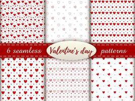 romantische nahtlose Muster mit Herz. fröhlichen Valentinstag. Set aus 6 Mustern mit roten Herzen, Punkten und Sternen auf weißem Hintergrund. vektor