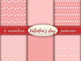 romantische nahtlose Muster mit Herz. fröhlichen Valentinstag. Set aus 6 Mustern mit weißen Herzen, Punkten und Sternen auf rosa Hintergrund. vektor
