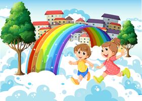 Kinder spielen in der Nähe des Regenbogens vektor