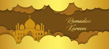 ramadan kareem grußhintergrund. ramadan-grußkarten im papierschnittstil mit wolken und moschee. goldene islamische grußkarte.