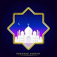 illustration av ramadan kareem. ramadan vacker designmall. vit moské med papperskonst eller pappersklippt stil på natten. mörkblå bakgrund och gyllene ram. vektor