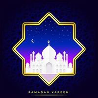 Illustration von Ramadan Kareem. Ramadan schöne Designvorlage. weiße moschee mit papierkunst oder papierschnittstil in der nacht. dunkelblauer Hintergrund und goldener Rahmen.