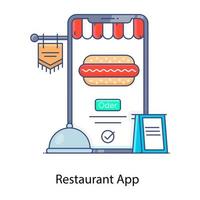 restaurang app platt konturikon, onlinebeställning vektor