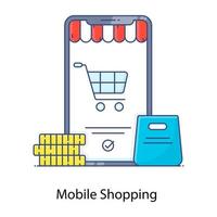 mobil shopping platt konturikon, online shoppingapplikation vektor