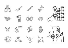 Ninja-bezogenes Icon-Set. Spezialsammlung Linear Icon Set 18 Schwert, Sternklinge, Pfeilbogen und so weiter. Laden Sie den Vektor der kreativen Krieg-Ninja-Begegnung herunter. Krieger-Werkzeuge. weißer Hintergrund.