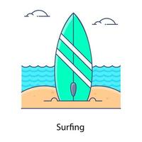 surfbräda på stranden, platt kontur ikon för surfing vektor