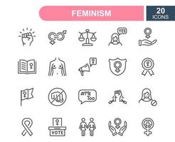 Feminismus-Liniensymbole gesetzt. Empowerment Girl, Gleichstellung der Geschlechter, Rechte der Frauen, Frauenpower, Diskriminierung aufgrund des Geschlechts, ich auch, Symbole für Protestlinien. feminismus umrisskonzept. Vektor-Illustration. vektor