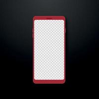 realistisk röd smartphone på svart bakgrund. 3d mobiltelefon mockup med genomskinlig skärm. vektor