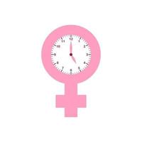 klimakteriet rosa ikon med klocka. symbol för klimakteriet. kvinnlig könsikon med menstruationspaus och klocka. platt ikon stil. vektor illustration.
