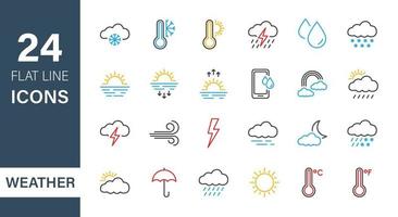 uppsättning väder linje ikoner. väderprognos grafiska element. meteorologi. temperatur, sol, moln, regn. soluppgång och solnedgång piktogram. vektor illustration.