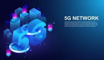 Drahtloses System des Netzes 5G, 5. Internet-Telekommunikation auf intelligentem Stadtkonzept Vektor. vektor